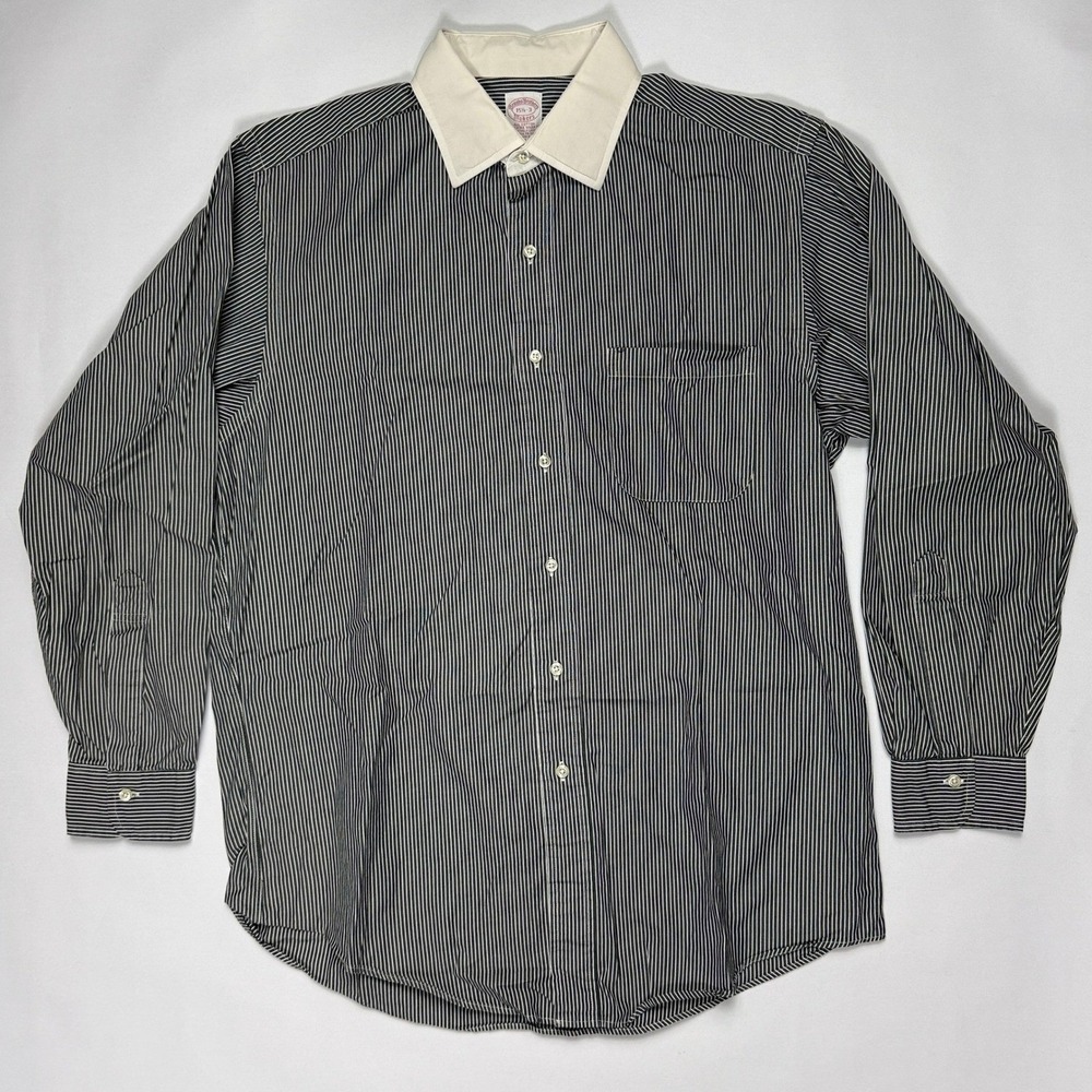 80s Brooks Brothers Makers Dress Shirt L 15.5 Black White Stripe Contrast Collar